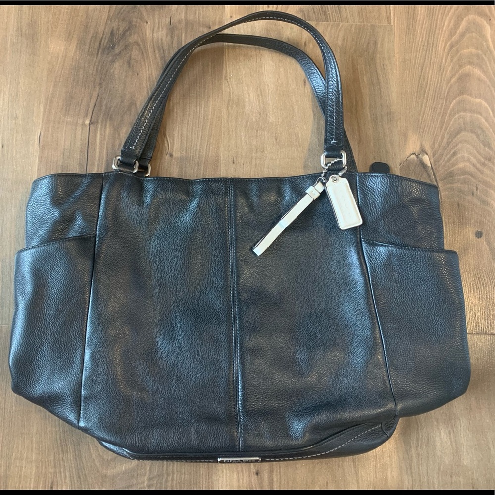 Black Coach pebbled leather large shoulder bag with teal satin interior